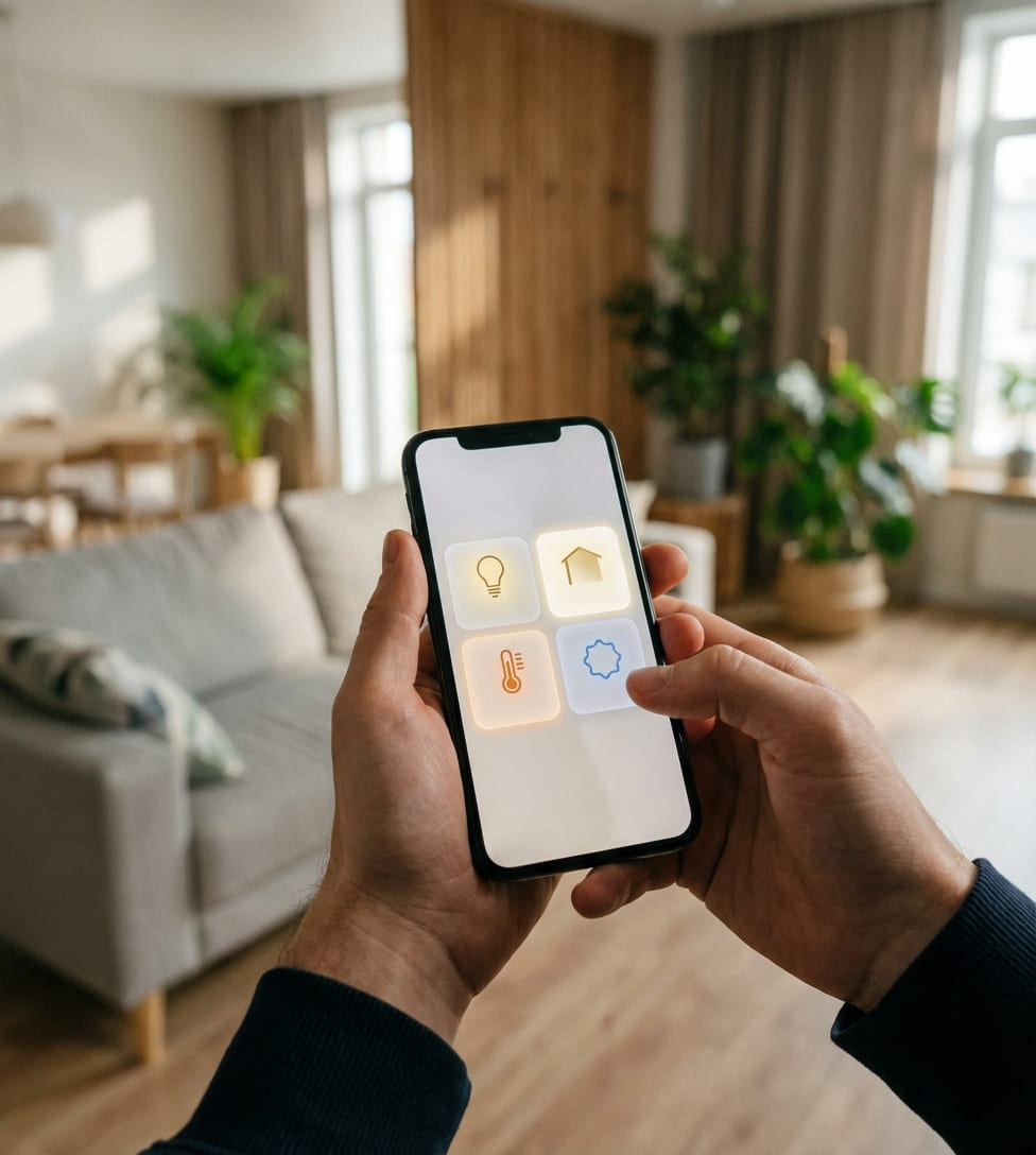 Интерфейс управления умным домом на смартфоне с контролем освещения и климата