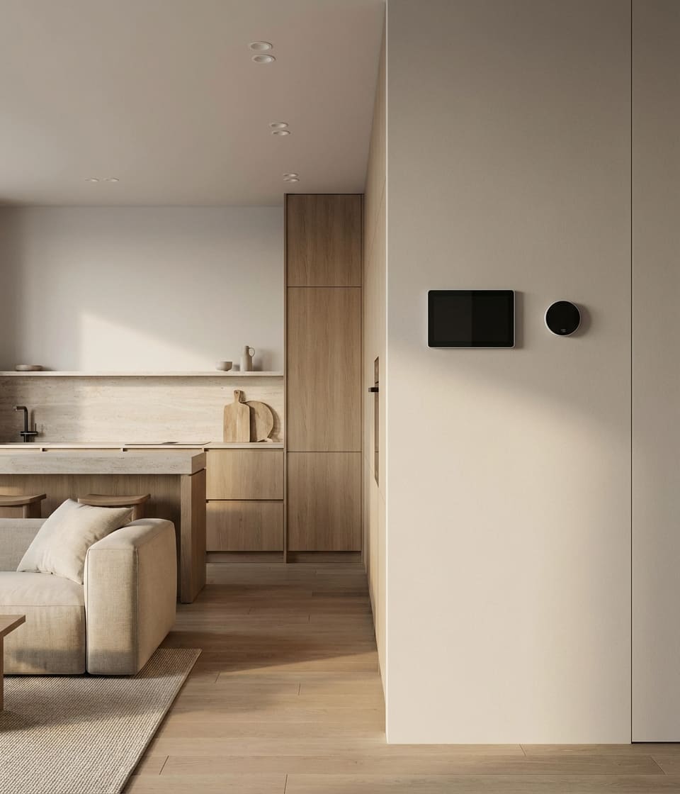 Современная квартира с системой умного дома и панелью управления климатом